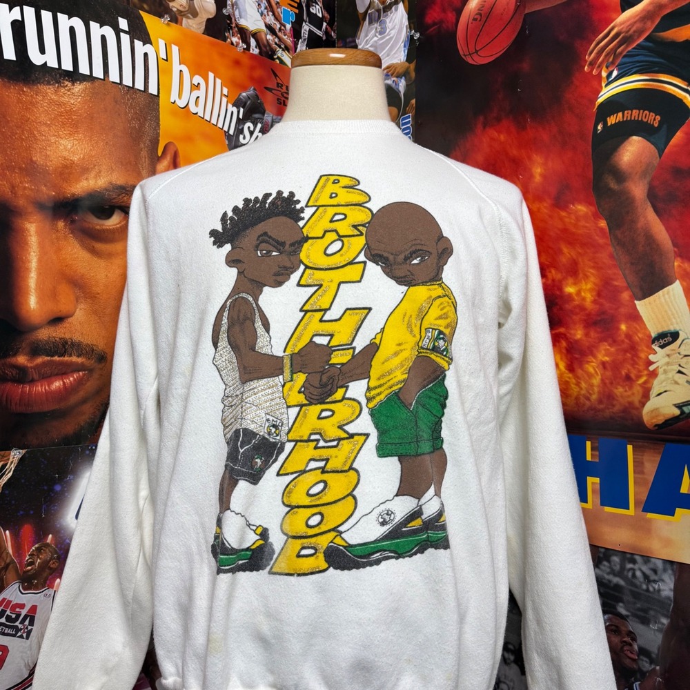 Vintage 90s Brotherhood Black Culture HBCU Sweatshirt White USA Made Sz Large